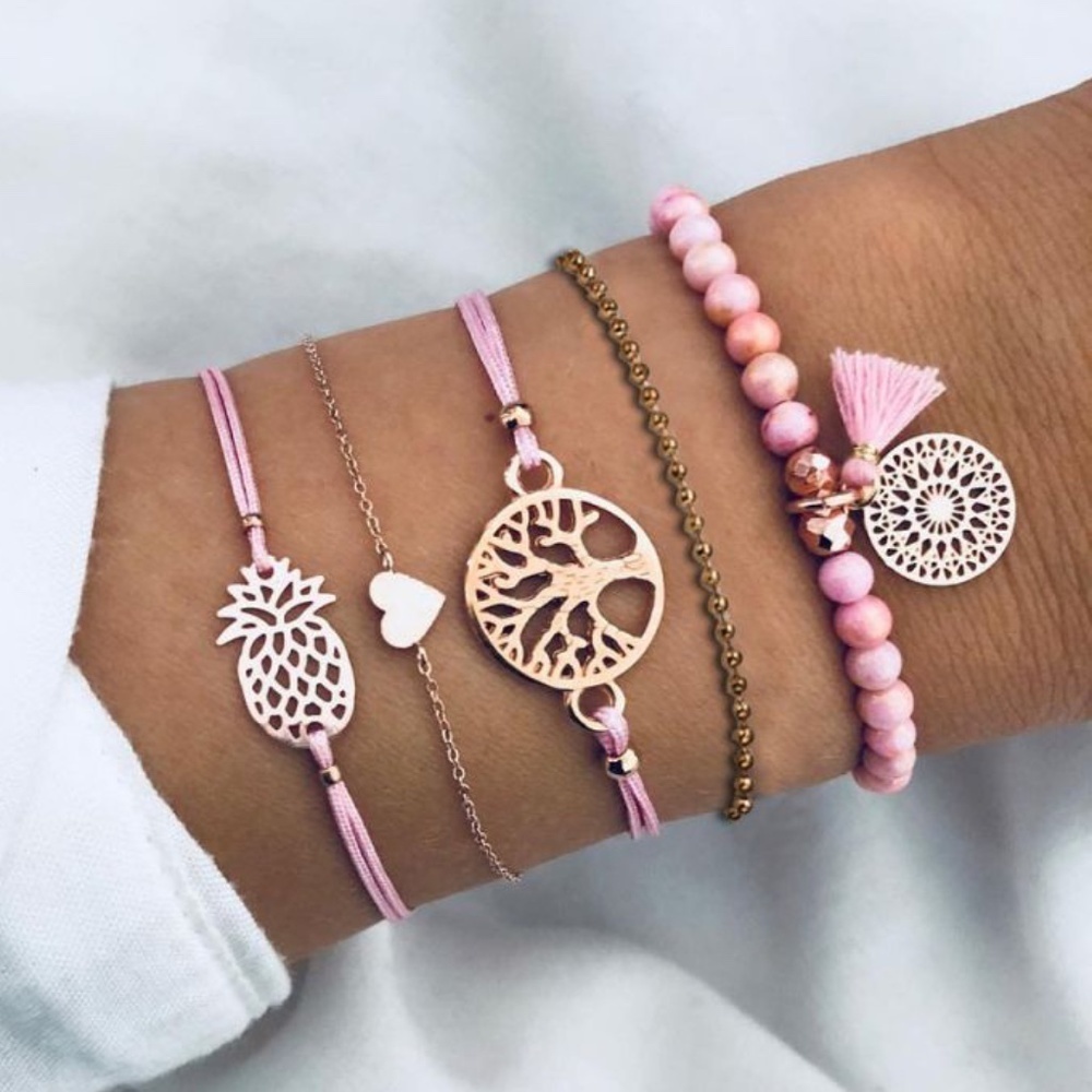 *AMIRA* 5-Pc Gold x Pink Fashion Bracelet Set